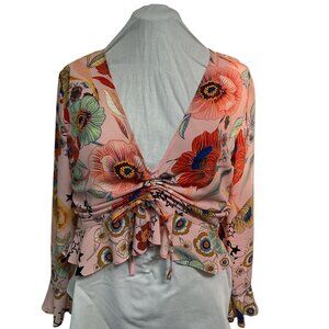 Topshop Floral Print Long Sleeve V-Neck Ruched Peplum Blouse Size S